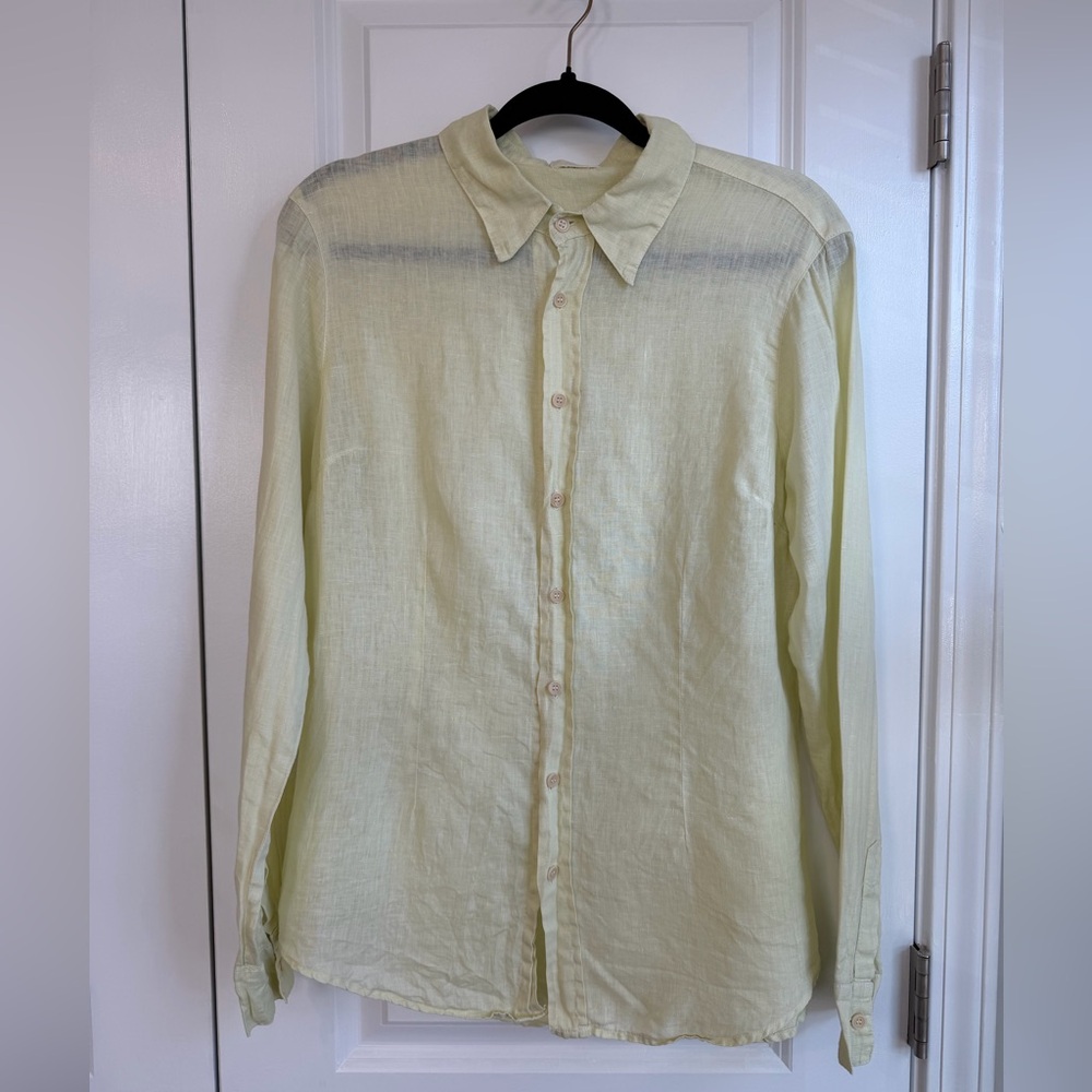 CP SHADES Vintage Women’s Linen Button Down Top in Yellow Green Size Medium